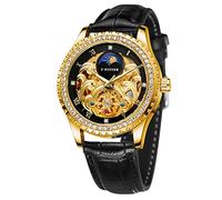 FORSINING Men's Waterproof Automatic Self Winding Moon Phase Diamond Dial Leather Band Tourbillon Wrist Watch