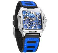 FORSINING Men's Waterproof Skeleton Stylish Watch Automatic Steampunk Self Winding Silicone Strap Luminous Square Wrist Watch (3-Blue)