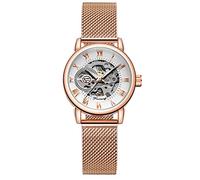 FORSINING New Women Fashion Skeleton Wristwatch Lady Casual Waterproof Hand-Wind Mechanical Watch with Stainless Steel Mesh Band (03-Rose White)