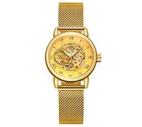 FORSINING New Women Fashion Skeleton Wristwatch Lady Casual Waterproof Hand-Wind Mechanical Watch with Stainless Steel Mesh Band (02-Gold)