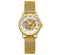 FORSINING New Women Fashion Skeleton Wristwatch Lady Casual Waterproof Hand-Wind Mechanical Watch with Stainless Steel Mesh Band (01-Gold White)