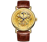 FORSINING Original Men's Automatic Analog Watch Vintage AM/PM Sun Moon Skeleton Dial Leather Strap (Gold)