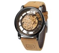FORSINING Original Men's Self Winding Skeleton Luminous Pointer Mechanical Clock Solf Leather Strap Transparent Automatic Watch, 3-Black and Gold, Classic