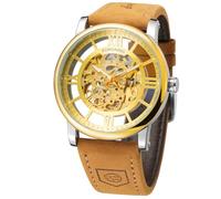 FORSINING Original Men's Self Winding Skeleton Wristwatch Mechanical Clock Gold Transparent with Genuine Leather Strap