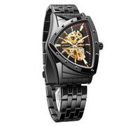 Forsining Skeleton Watch for Men, Automatic Mechanical Watch with Luminous Triangular Dial Hand Winding Stainless Steel Strap or Soft Silicone Strap, Black-y, Sport