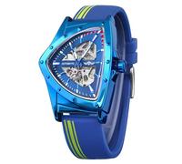 FORSINING Skeleton Watch Men Automatic Mechanical Watch with Triangle Dial Luminous Self-Winding Stainless Steel Band or Soft Silicone Strap, Blue, Retro