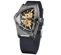 FORSINING Skeleton Watches for Men, Automatic Mechanical Watch with Triangle Dial, Luminous Self Winding Watches Stainless Steel Bracelet or Soft Silicone Strap, Black-Yellow, Mechanical
