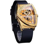 FORSINING Skeleton Watches for Men, Automatic Mechanical Watch with Triangle Dial, Luminous Self Winding Watches Stainless Steel Bracelet or Soft Silicone Strap, gold