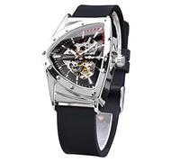 FORSINING Skeleton Watches for Men, Automatic Mechanical Watch with Triangle Dial, Luminous Self Winding Watches Stainless Steel Bracelet or Soft Silicone Strap, Black, Mechanical