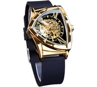 FORSINING Skeleton Watches for Men, Automatic Mechanical Watch with Triangle Dial, Luminous Self Winding Watches Soft Silicone Strap, Gold