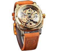 FORSINING Square Luxury Retro Mechanical Watch for Men Gorgeous Hollow Skeleton Self Winding Automatic Watches Vintage Leather Strap Silver Black Strap, gold, Mechanical