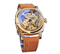 FORSINING Square Mechanical Watch, Self-Wind Carved Gear Movement Golden Skeleton Automatic Retro Watch With Vintage Leather Strap
