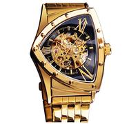 FORSINING Triangle Skeleton Men's Automatic Mechanical Watch Luxury Gold Black Stainless Steel Watches Waterproof Luminous Sports Wristwatch, round gold black, Skeleton Watch,Mechanical