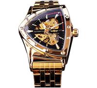 FORSINING Triangle Skeleton Men's Automatic Mechanical Watch Luxury Gold Black Stainless Steel Watches Waterproof Luminous Sports Wristwatch, gold black