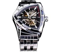 FORSINING Triangle Skeleton Men's Automatic Mechanical Watch Luxury Gold Black Stainless Steel Watches Waterproof Luminous Sports Wristwatch, silver black, Mechanical