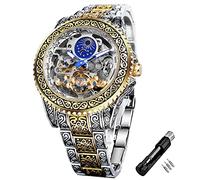 Forsining Vintage Watch Father's Day Gifts from Daughter/Wife Engraved Automatic Self-Wind Mechanical Big Dial Luminous Moon Phase Golden Hollow Tattoo Pattern Wrist Watches Birthday Gifts for men, Fathers Day, Mechanical