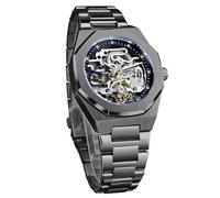 FORSINING Vintage Watch for Men Engraved Skeleton Automatic Self Wind Mechanical Large Dial Luminous Diamond Display Black Hollow Tattoo Pattern Wristwatches, black, Modern