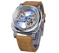 FORSINING Watches for Human, Square Retro Mechanical Watch, self-Wind Carved, Skeleton Automatic Watches, Vintage Leather Strap Wrist Watch, Silver, Retro