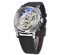 FORSINING Watches for Man, Square Retro Mechanical Watch Self-Wind Carved, Skeleton Automatic Watches Vintage Leather Strap Wristwatch, Black