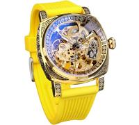 FORSINING Watches for Man, Square Retro Mechanical Watch Self-Wind Carved, Skeleton Automatic Watches Vintage Leather Strap Wristwatch, Yellow_new