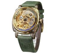 FORSINING Watches for Man, Square Retro Mechanical Watch Self-Wind Carved, Skeleton Automatic Watches Vintage Leather Strap Wristwatch, Green Silicone