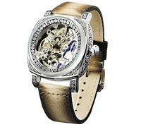 FORSINING Watches for Man, Square Retro Mechanical Watch Self-Wind Carved, Skeleton Automatic Watches Vintage Leather Strap Wristwatch, Beige Brown