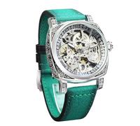 FORSINING Watches for Man, Square Retro Mechanical Watch Self-Wind Carved, Skeleton Automatic Watches Vintage Leather Strap Wristwatch, Green