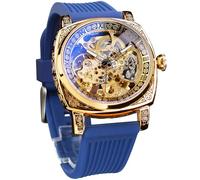 FORSINING Watches for Man, Square Retro Mechanical Watch Self-Wind Carved, Skeleton Automatic Watches Vintage Leather Strap Wristwatch, Blue_new