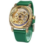 FORSINING Watches for Man, Square Retro Mechanical Watch Self-Wind Carved, Skeleton Automatic Watches Vintage Leather Strap Wristwatch, GreenSil