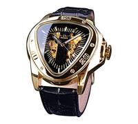 Winner Fashion Mechanical Wrist Watch Triangle Racing Dial, Waterproof Golden Skeleton Dial Automatic Movement Leather Design Mechanical Watch for Men, Black Golden, casual style