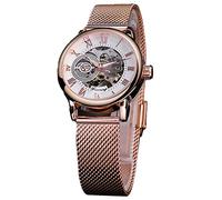 FORSINING Women Automatic Mechanical Watch Luxury Skeleton Golden Dial Stainless Steel Mesh Band Roman Numerals Self-Wind Watch,Rose Golden