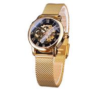 FORSINING Women Automatic Mechanical Watch Luxury Skeleton Golden Dial Stainless Steel Mesh Band Roman Numerals Self-Wind Watch,Gold