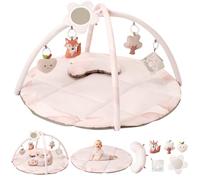 Fortella Baby Play Gym & Activity Playmat, Sensory Mat for Floor w Hanging Toys, Mirror, Support Pillow - Ideal for Newborn Tummy Time, Infant Development, Suitable for 0-3-6-9-12 Months (Pink)