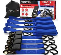 FORTEM Ratchet Straps, 1043kg Break Strength, 4 Pack 4.6m x 2.54cm Tie Down Strap Set, 4 Soft Loops, Motorcycle Straps Tie Downs, Cargo Cam Buckles, Rubber Handles, Safety Lock S Hooks, Carry Bag