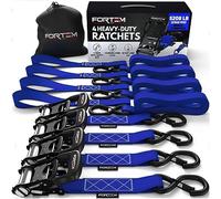 FORTEM Ratchet Tie Down Straps, 2362kg Break Strength, (4) 3.04 Meter Heavy Duty Straps, (4) Soft Loops, Rubber Coated Metal Handles, Safety S Lock Hooks, Carrying Bag (Blue)