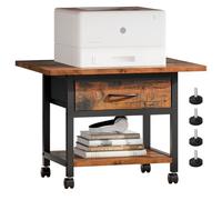 Forthcan 2 Tier Desktop Printer Stand with Storage Drawer, Under Desk Printer Table, Multi-Purpose Desk Organizer Storage Shelf, Printer Shelf Side Table Book Shelf with Wheels, Rustic Brown and Black