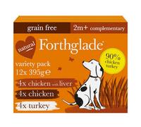 Forthglade Complementary Wet Dog Food (12 x 395g Trays) - Grain Free & Hypoallergenic Dog Food, Just Chicken, Chicken with Liver & Turkey, 90% Protein Stomach Sensitive with Natural Ingredients
