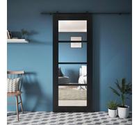 Fortia Clear Fully Glazed Industrial Black Softwood Pine Veneer Internal Sliding Door, (H)2040mm (W)826mm