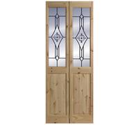 Fortia Vertical 2 Panel Decorative Glazed Victorian Unfinished Natural Knotty Pine Internal Folding Bi-Fold Door Set, (H)2005mm (W)715mm
