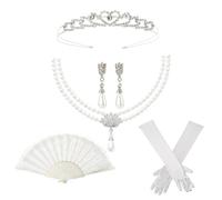 FORTMAC Regency Accessories Women - 5 Pcs Regency Era Costume Accessories Set,Including Crown,Opera Gloves,Pearl Necklace&Earrings and Folding Fan
