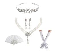 FORTMAC Regency Accessories Women - 5 Pcs Regency Era Costume Accessories Set,Including Crown,Opera Gloves,Pearl Necklace&Earrings and Folding Fan