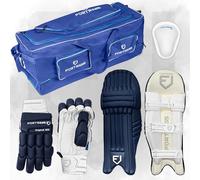 FORTRESS Original 100 Cricket Set - Pads, Gloves, Abdo Guard & 260 L Wheelie Bag (Navy, Right Handed, Junior)