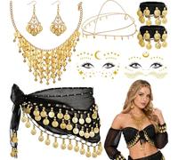 Fortune teller costume, women's Halloween costume, 7-piece costume, women's fortune teller set with trouser curtain, bracelets, headdress, earrings, necklace and face sticker, for Halloween, fancy