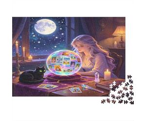 Fortune Teller Witch Jigsaw Puzzle for Adults 1000 Piece Jigsaw Puzzle Mystical Black Cat Relaxing Game Stress Relief Home Decor Gift 52x38cm/1000pcs