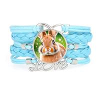 Fortune Unique Big Eyes Rabbit Love Adjustable Leather Braided Bracelet Blu