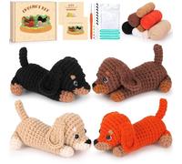 Fortuning's JDS 4pcs Learning Crochet Kit for Beginners Baby Dachshund Dog Crochet Animal Kit Complete Animal Crochet with Step-by-Step Video Knitting Learning Kit Learn to Crochet Starter Kits