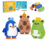 Fortuning's JDS Capybara Crochet Kit for Beginners with Video Frog Penguin Capybara Crochet Kit Set Animal Knitting Kit Crocheted Animal Kits Complete Penguin Crochet Starter Crocheted Frog Kit