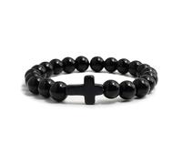 FORUBUS 2Pcs Lava Rock Stone Beaded Bracelet, Cross Charm Natural Volcanic Stone beads Turquoise Stretch Bracelet for Women Men Religion Jewelry Pray Baptism Gift, M, Stone, Lava Stone