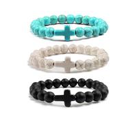 FORUBUS 2Pcs Lava Rock Stone Beaded Bracelet, Cross Charm Natural Volcanic Stone beads Turquoise Stretch Bracelet for Women Men Religion Jewelry Pray Baptism Gift, M, Stone, Lava Stone