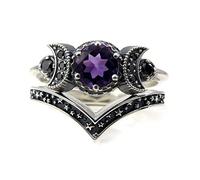 FORUBUS Triple Moon Star Goddess Rings Set, 2-in-1 Purple Red Crystal Crescent Pentagram Rings for Women Jewelry, Metal, metal